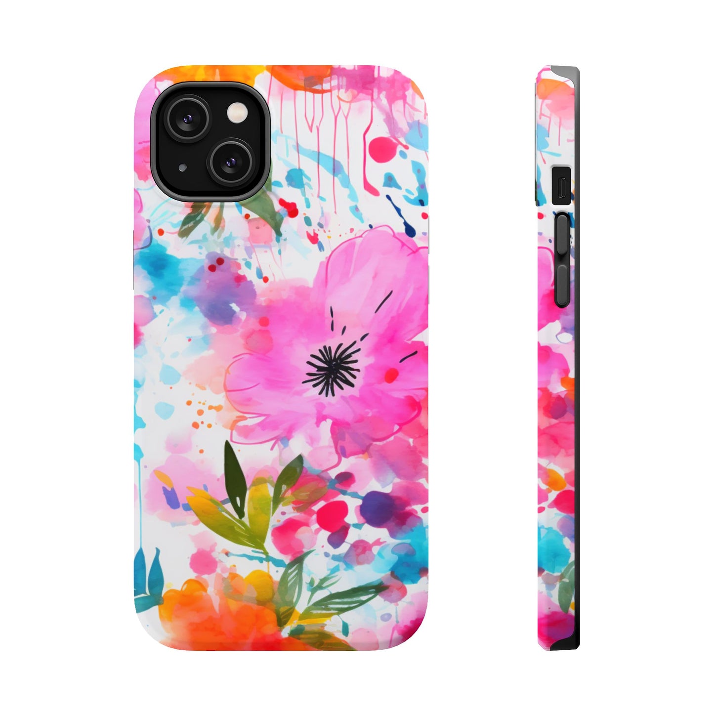 Color Splash Pink & Orange Watercolor Floral - MagSafe iPhone Case