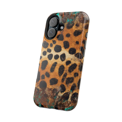 Rustic Leopard Print Tough MagSafe iPhone Case – Distressed Turquoise and Animal Pattern with Dual-Layer Protection