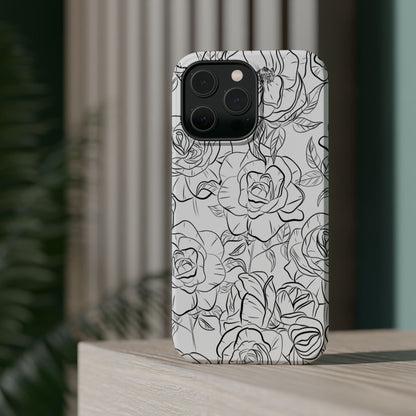 Monochrome Rose Garden Tough MagSafe iPhone Case – Elegant Floral Line Art with Dual-Layer Protection