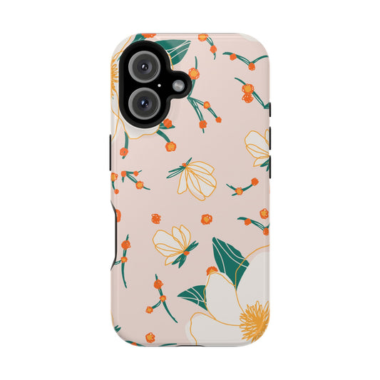 Elegant Magnolia Blossom Tough MagSafe iPhone Case – Soft Blush Background, Shock-Resistant Design