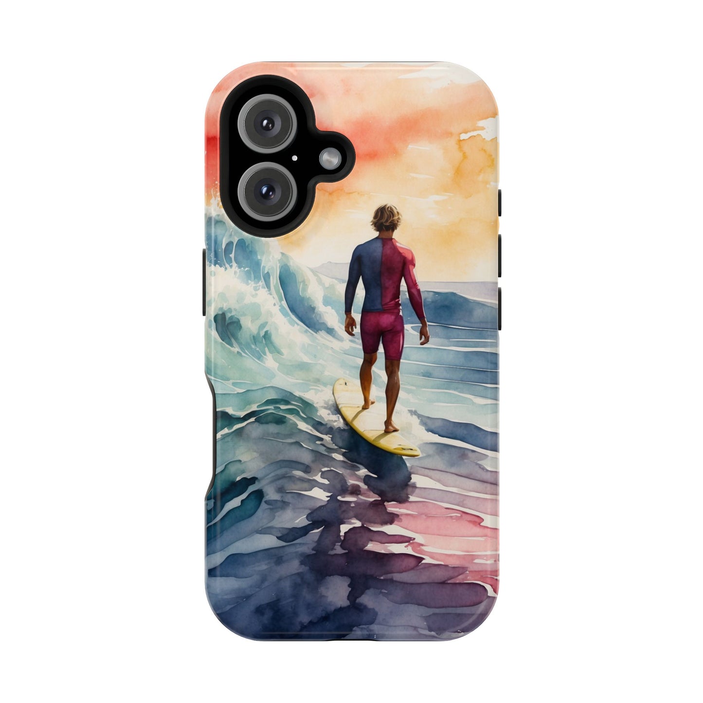 Surfer’s Sunset Wave MagSafe iPhone Case – Vibrant Watercolor Design