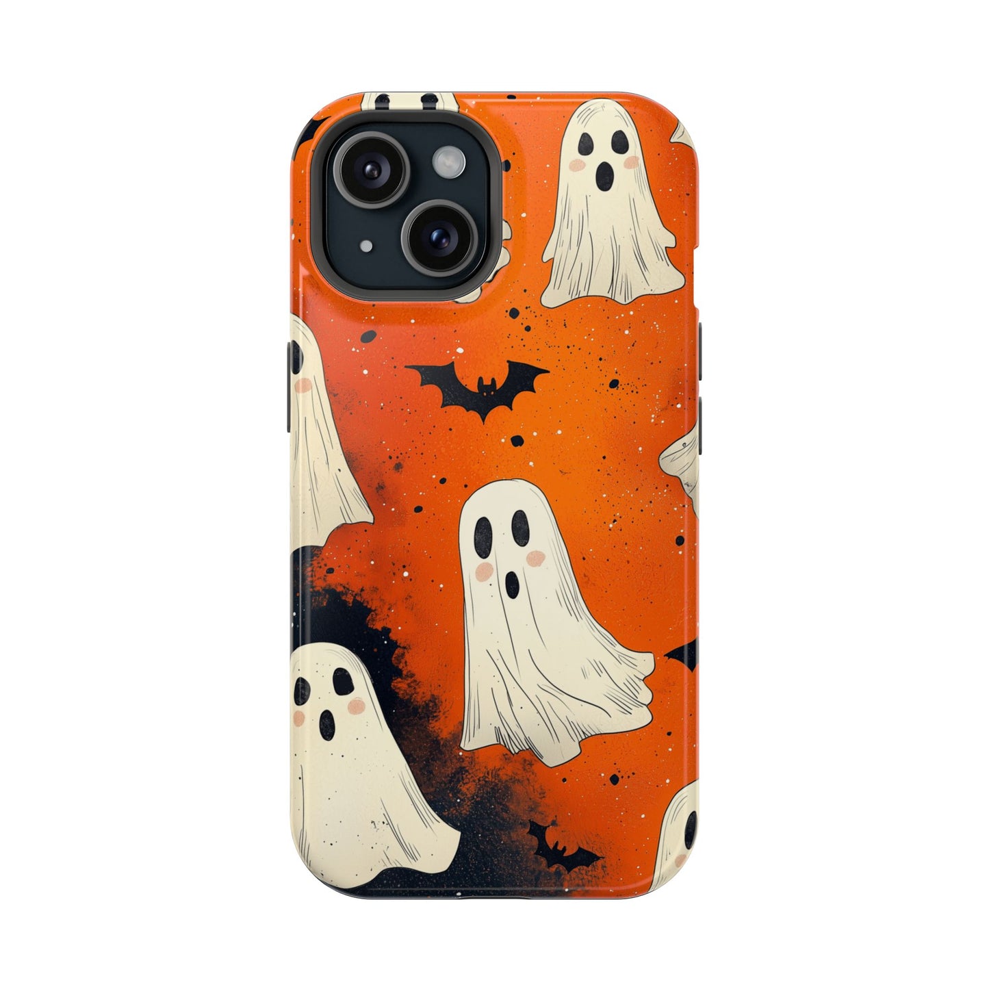 Spooky Ghosts & Bats  MagSafe iPhone Case – Vibrant Orange Halloween Design