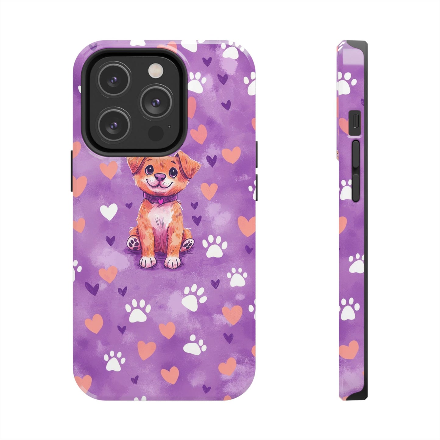 Cute Puppy iPhone Case - Adorable Pet Design with Hearts & Paw Prints, Protective Cover