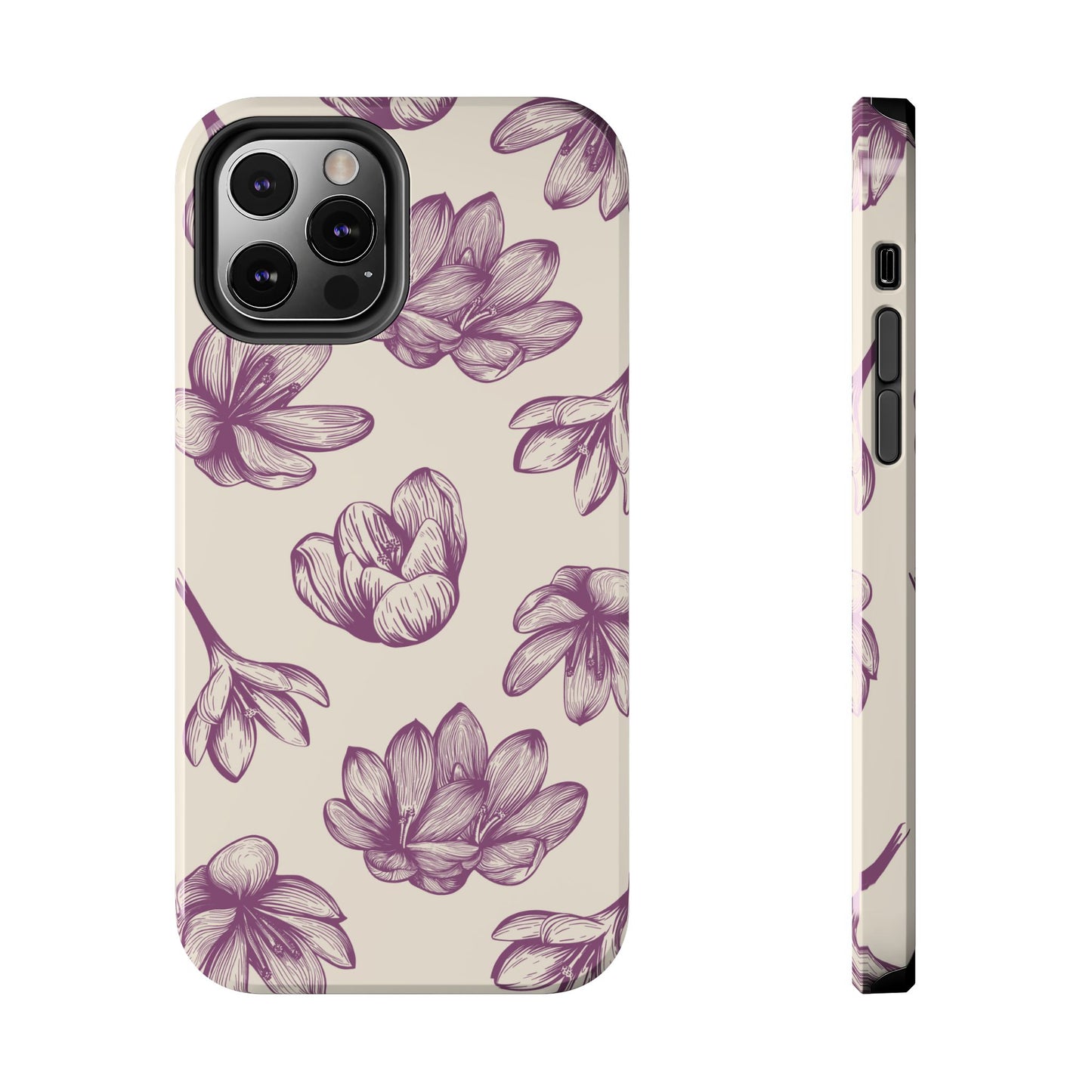 Vintage Botanical Floral Tough iPhone Case – Hand - Drawn Purple Flowers, Shockproof Design - BOGO Cases