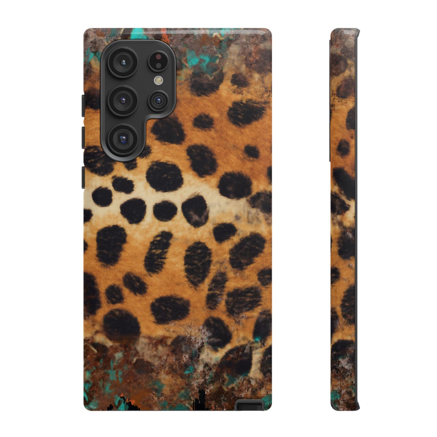 Rustic Leopard Print Tough Samsung Galaxy Case – Distressed Turquoise and Animal Pattern with Dual-Layer Protection