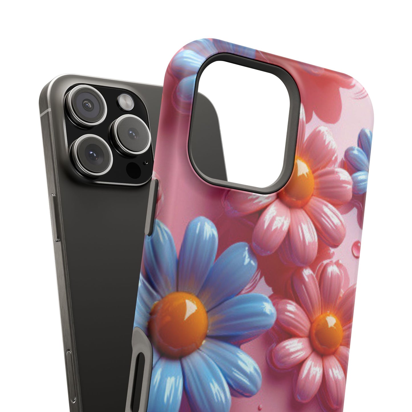 Pastel Daisy 3D MagSafe iPhone Case – Glossy Pink and Blue Floral Design, Full Protection