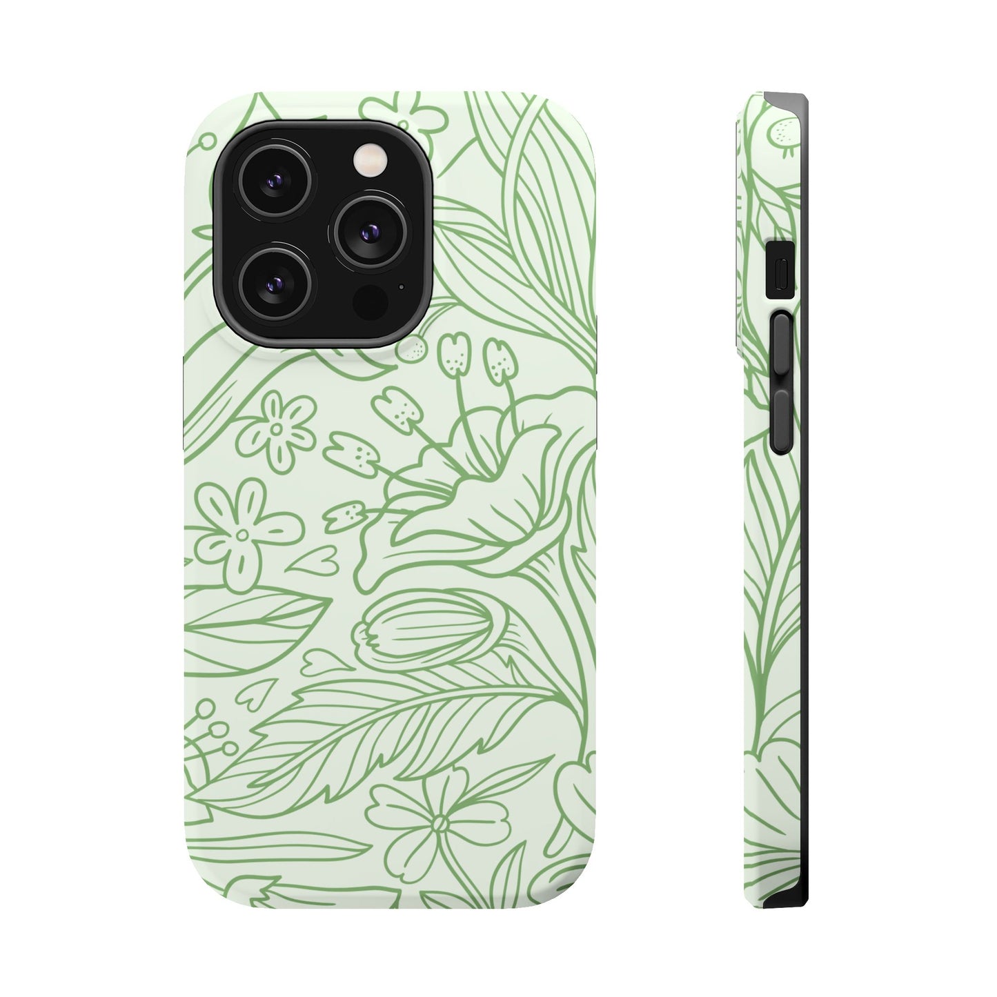 Sage Green Floral Line Art Tough MagSafe iPhone Case – Minimalist Botanical Design with Dual-Layer Protection