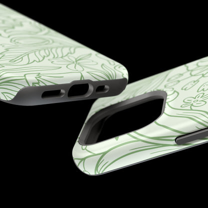 Sage Green Floral Line Art Tough MagSafe iPhone Case – Minimalist Botanical Design with Dual-Layer Protection