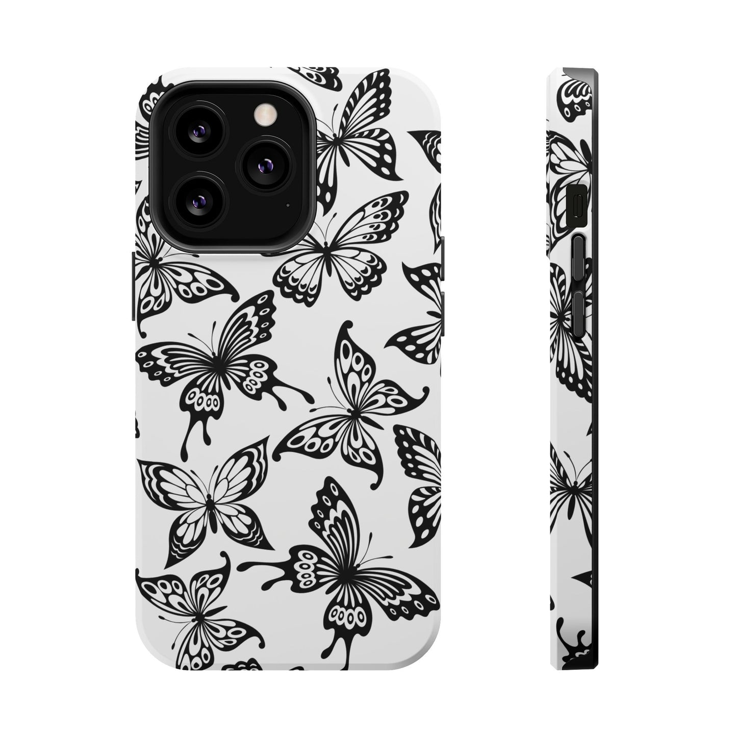 Monochrome Butterfly Pattern Tough MagSafe Case – Dual-Layer Protection with Matte Finish