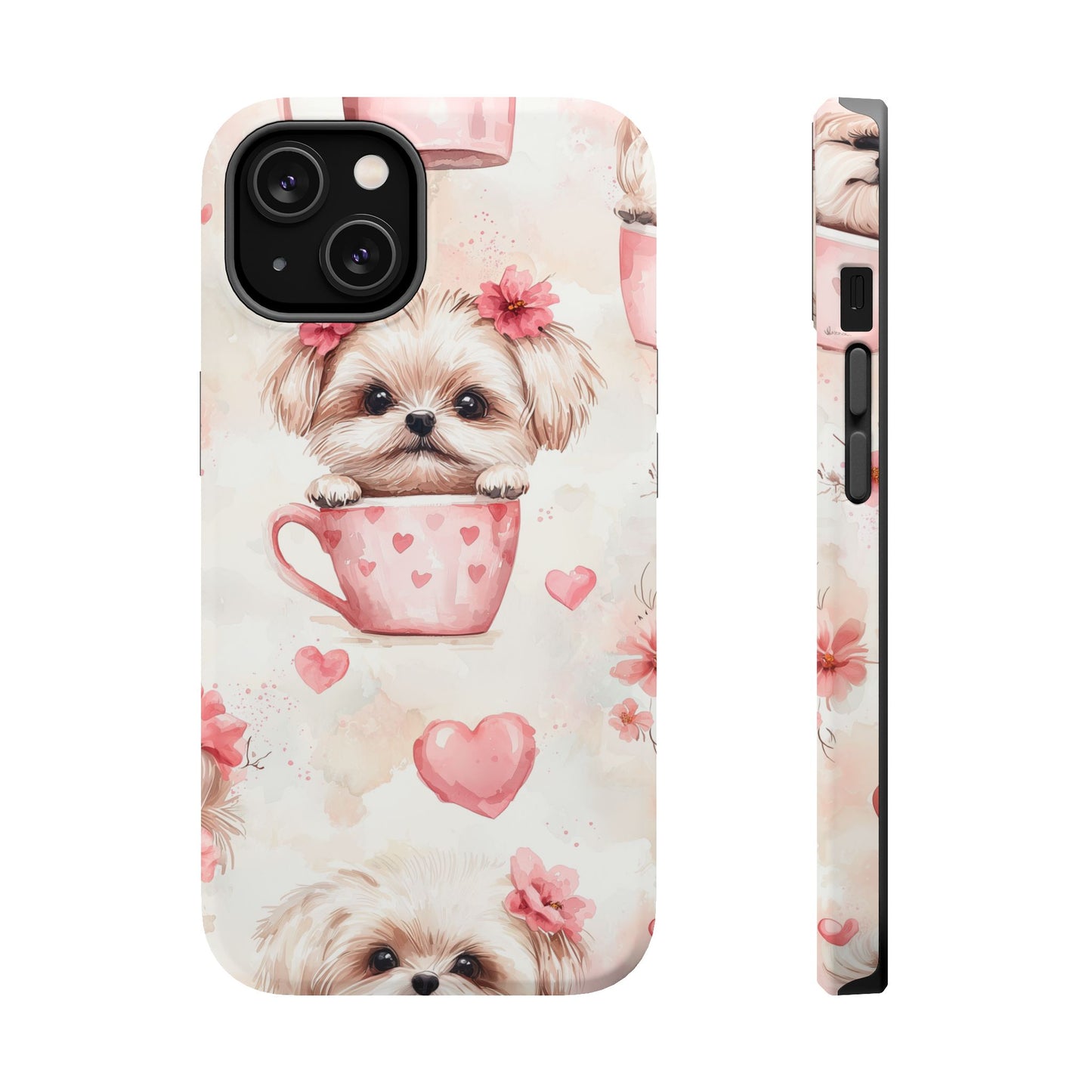 Floral Puppy in Teacup MagSafe iPhone Case – Cute Pink Flower Design, Tough Dual-Layer Protection