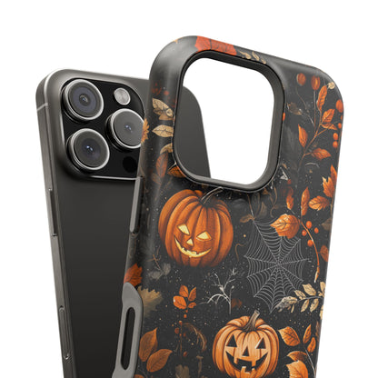 Elegant Halloween MagSafe iPhone Case – Pumpkin Jack-o'-Lanterns, Cobwebs & Autumn Foliage Design