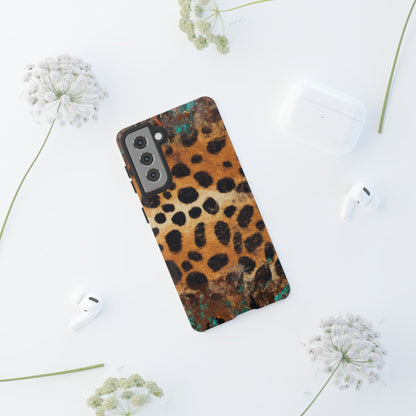 Rustic Leopard Print Tough Samsung Galaxy Case – Distressed Turquoise and Animal Pattern with Dual-Layer Protection