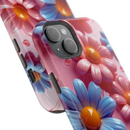 Pastel Daisy 3D MagSafe iPhone Case – Glossy Pink and Blue Floral Design, Full Protection