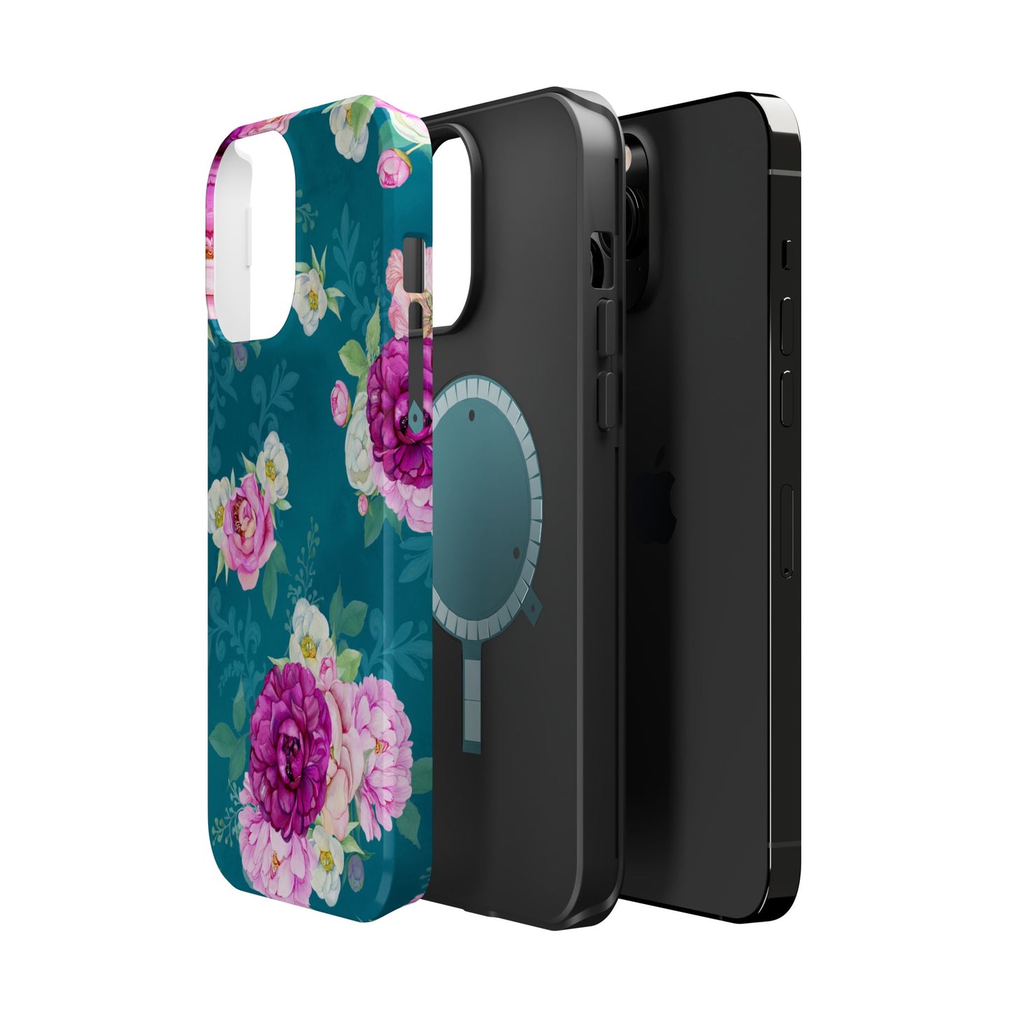 Elegant Peony Bouquet MagSafe iPhone Case – Deep Teal Background with Romantic Floral Design