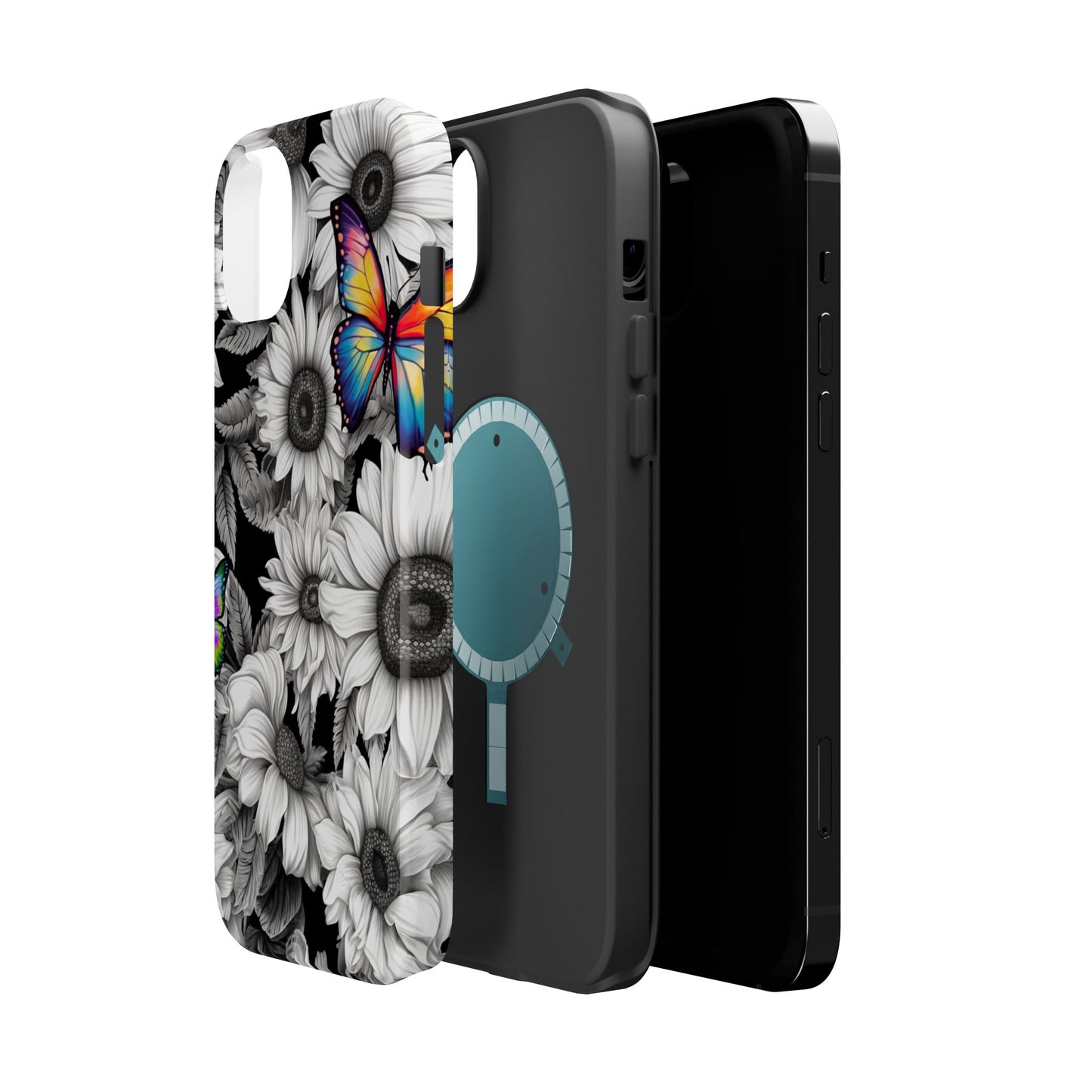 Rainbow Butterflies & Monochrome Sunflowers – MagSafe iPhone Case