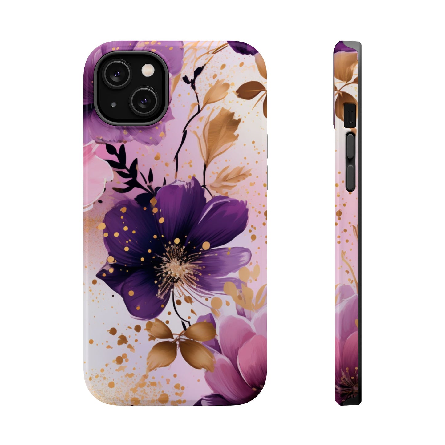 Elegant Purple & Gold Floral MagSafe iPhone Case - Luxe Flower Design