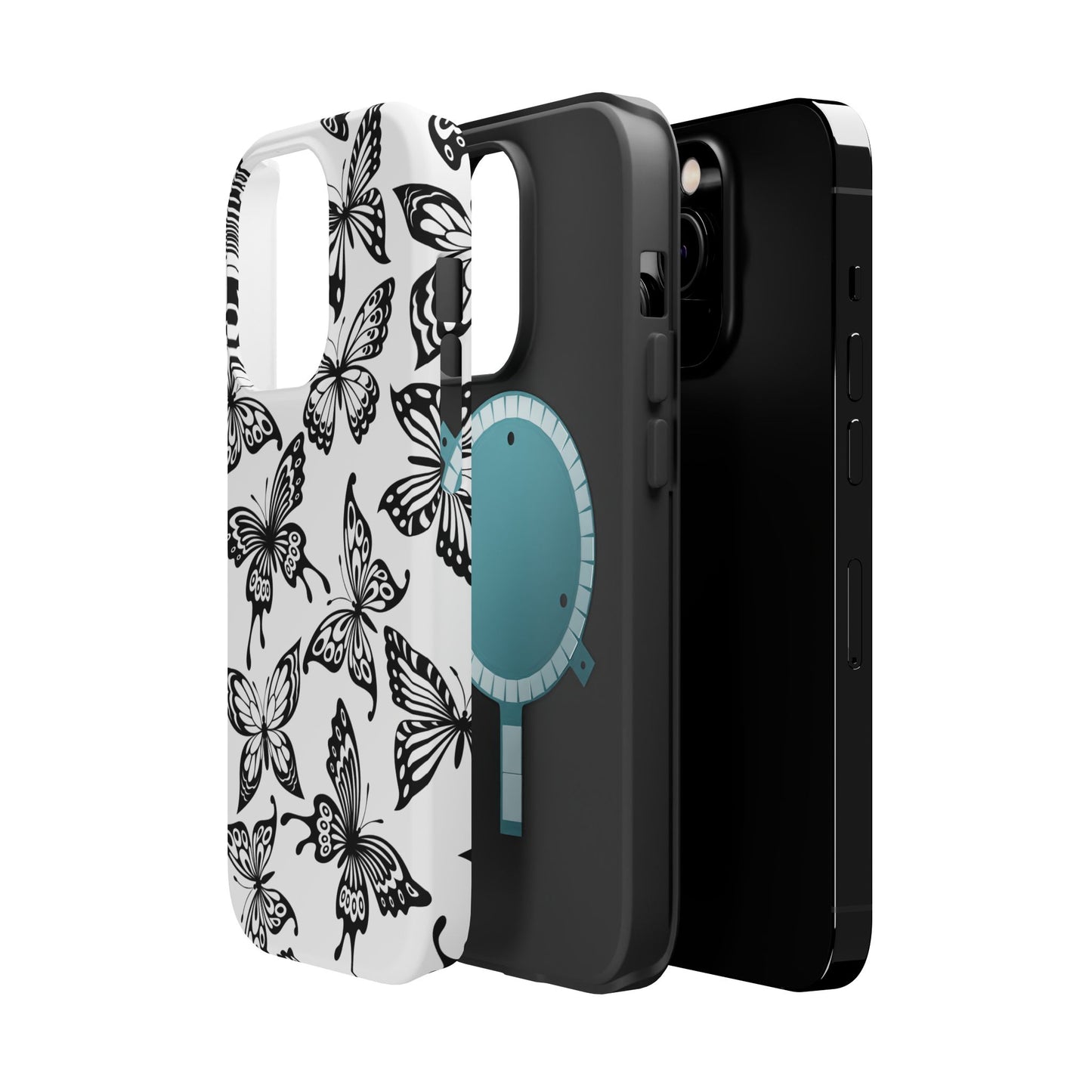 Monochrome Butterfly Pattern Tough MagSafe Case – Dual-Layer Protection with Matte Finish