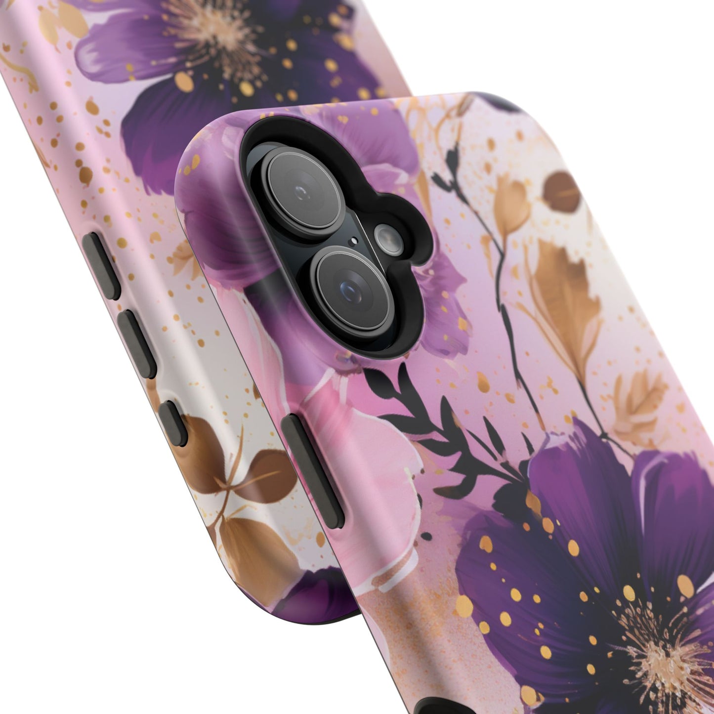 Elegant Purple & Gold Floral MagSafe iPhone Case - Luxe Flower Design