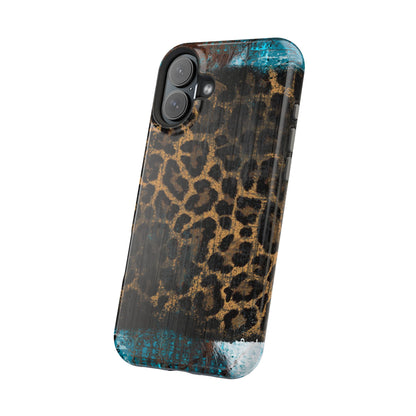 Boho Leopard and Turquoise Tough MagSafe iPhone Case – Rustic Western Design with Dual-Layer Protection