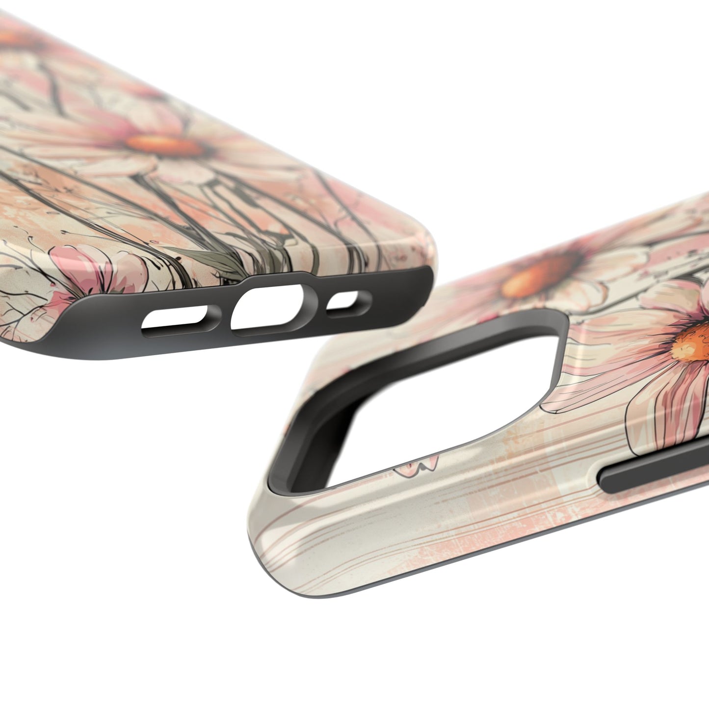 Pastel Pink Daisy MagSafe iPhone Case - Elegant Floral Plaid Protective Cover