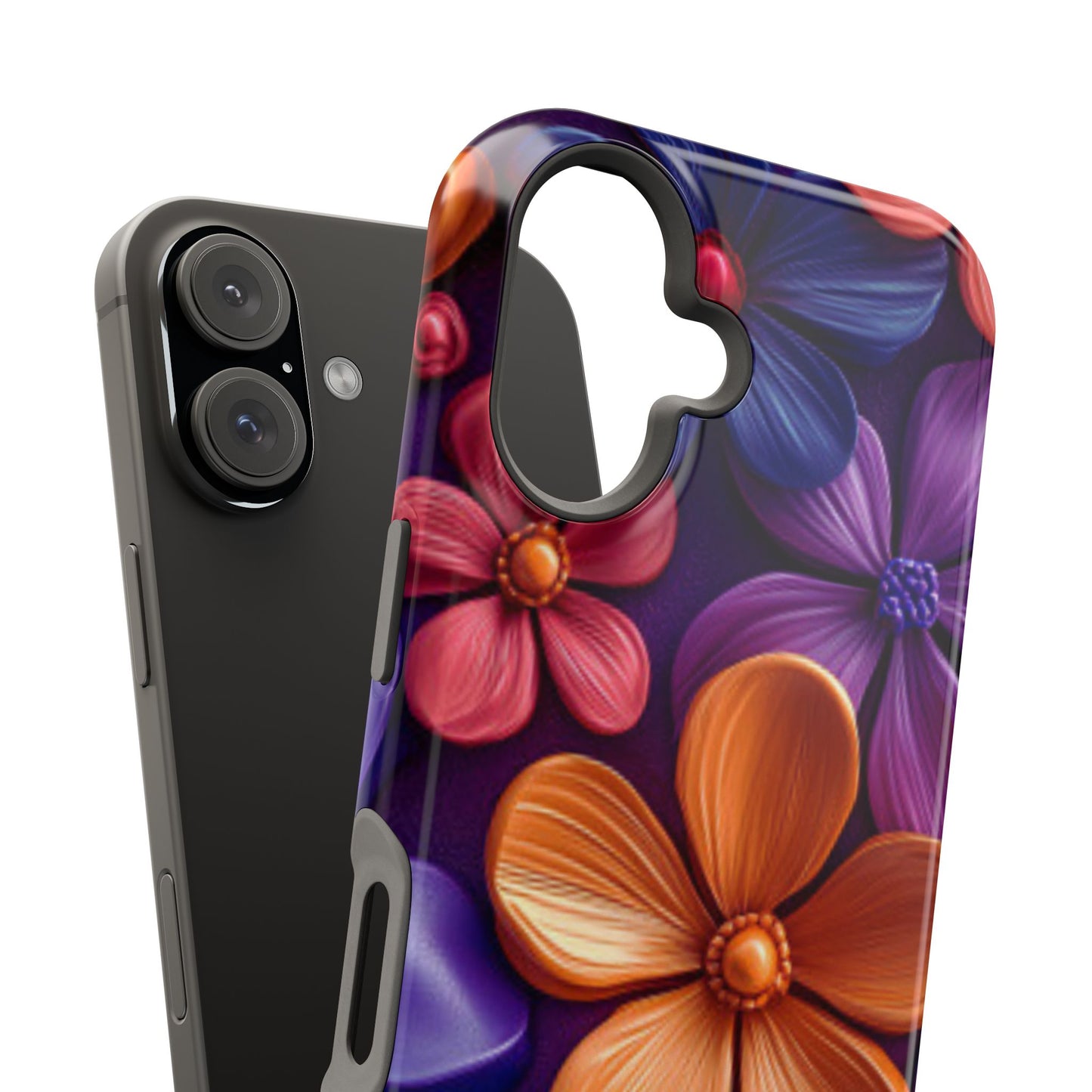 Bold Floral 3D MagSafe iPhone Case – Vivid Purple and Orange Flower Design, Shock-Resistant