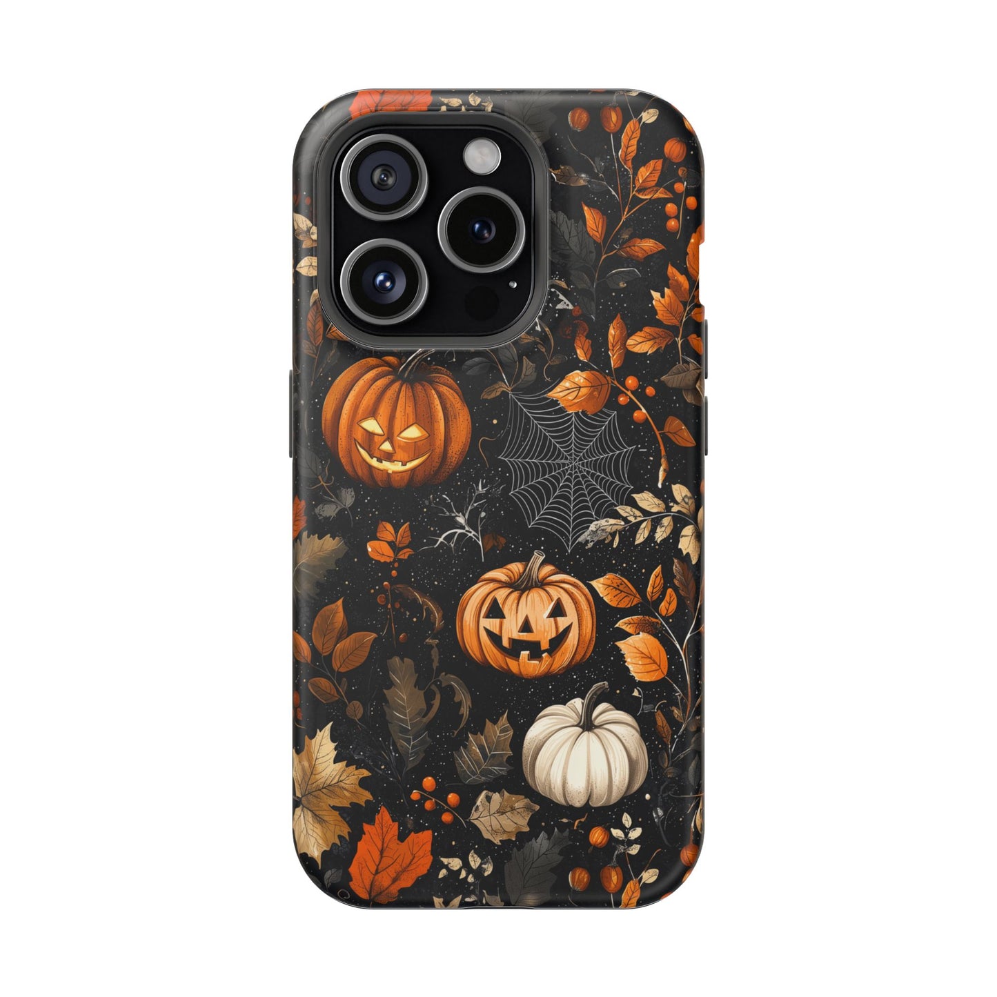 Elegant Halloween MagSafe iPhone Case – Pumpkin Jack-o'-Lanterns, Cobwebs & Autumn Foliage Design