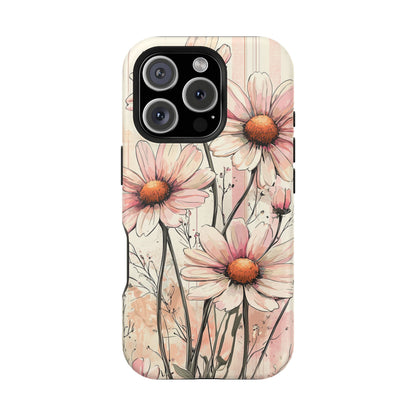 Pastel Pink Daisy MagSafe iPhone Case - Elegant Floral Plaid Protective Cover