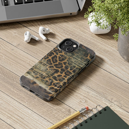 Rustic Wood and Leopard Print Tough iPhone Case – Distressed Western Design with Dual-Layer Protection