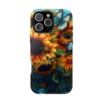 Aqua Blue Butterfly & Sunflower Art – MagSafe iPhone Case