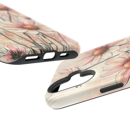 Pastel Pink Daisy MagSafe iPhone Case - Elegant Floral Plaid Protective Cover