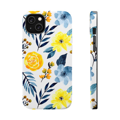 Golden Yellow & Sky Blue Floral – Watercolor Botanical MagSafe iPhone Case