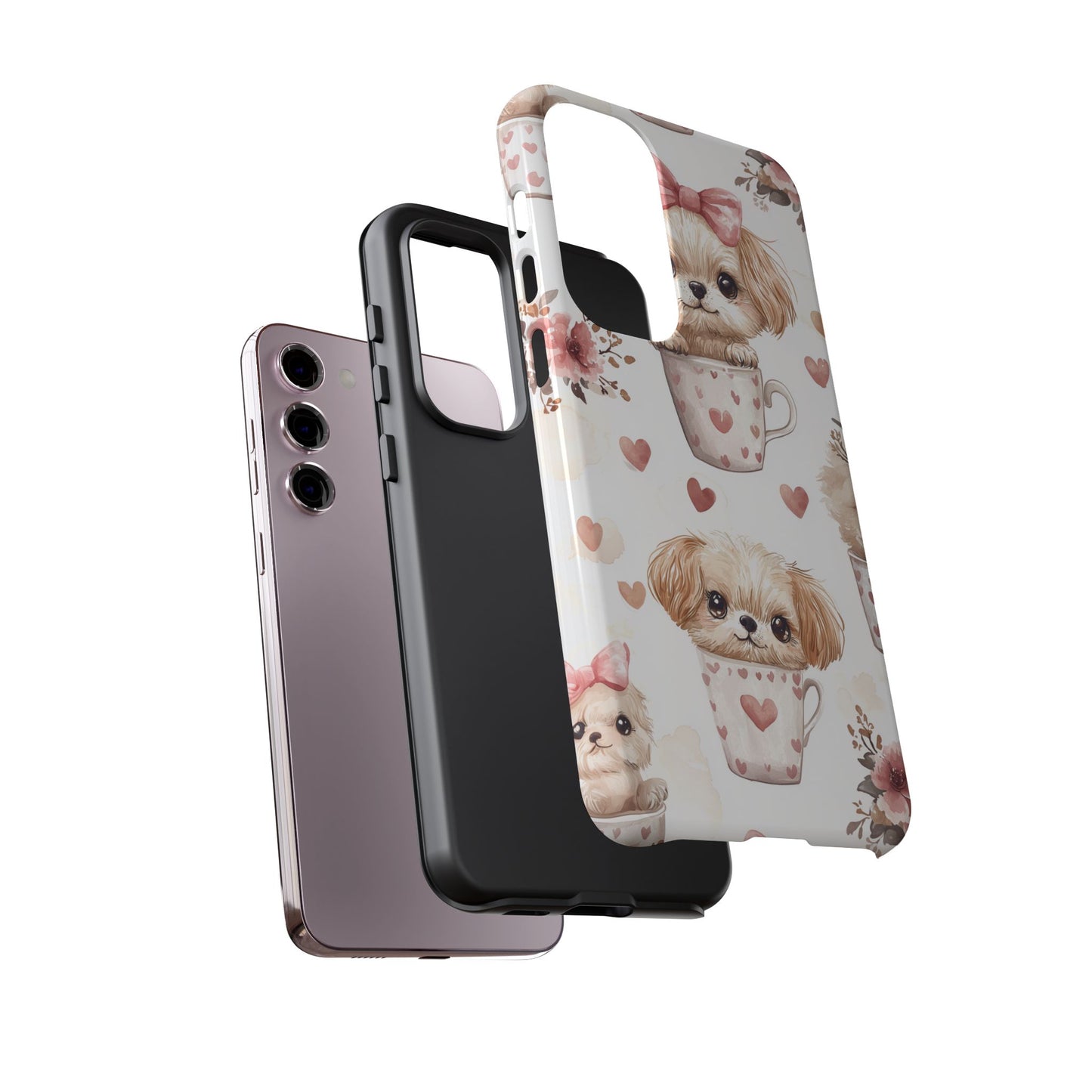 Cute Puppies in Heart Mugs Samsung Galaxy  Case – Adorable Dog & Floral Design, Shockproof & Slim