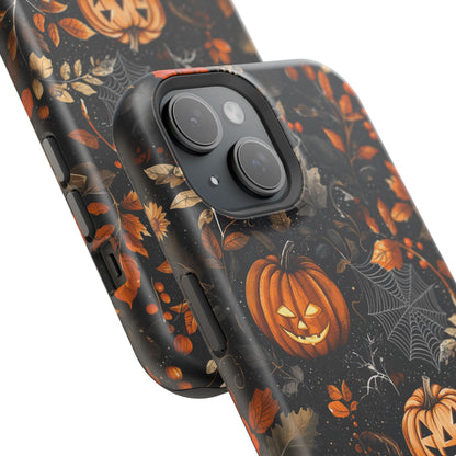 Elegant Halloween MagSafe iPhone Case – Pumpkin Jack-o'-Lanterns, Cobwebs & Autumn Foliage Design