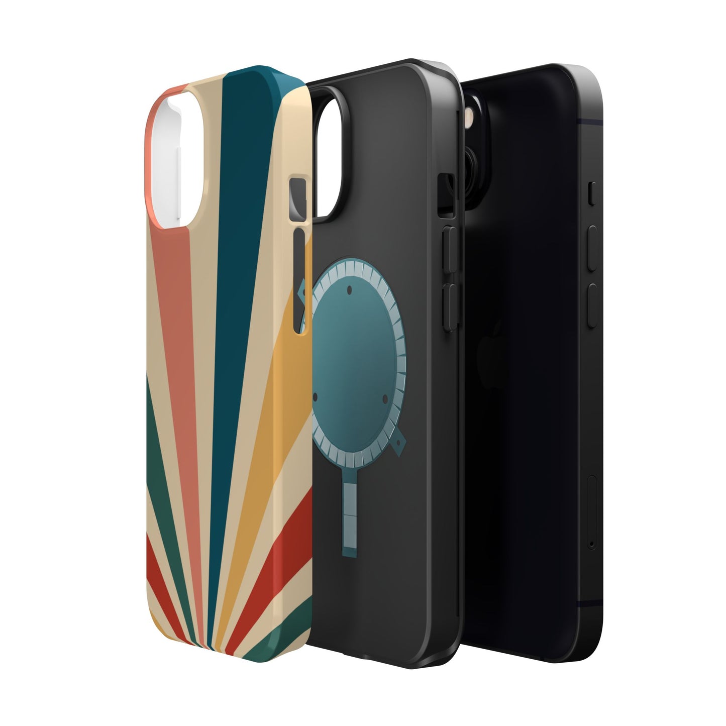 Retro Sunbeam MagSafe iPhone Case – 70s-Inspired Radiating Stripes in Coral, Teal, and Mustard