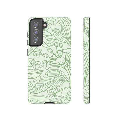 Sage Green Floral Line Art Tough Samsung Galaxy Case – Minimalist Botanical Design with Dual-Layer Protection