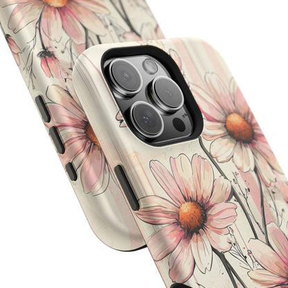 Pastel Pink Daisy MagSafe iPhone Case - Elegant Floral Plaid Protective Cover