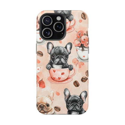 French Bulldogs in Heart Teacups MagSafe iPhone Case – Cute Dog & Floral Design, Shockproof Protection