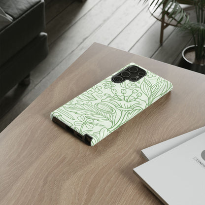 Sage Green Floral Line Art Tough Samsung Galaxy Case – Minimalist Botanical Design with Dual-Layer Protection