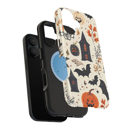 Haunted Halloween MagSafe iPhone Case – Haunted House, Bats, and Pumpkins Design