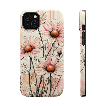 Pastel Pink Daisy MagSafe iPhone Case - Elegant Floral Plaid Protective Cover