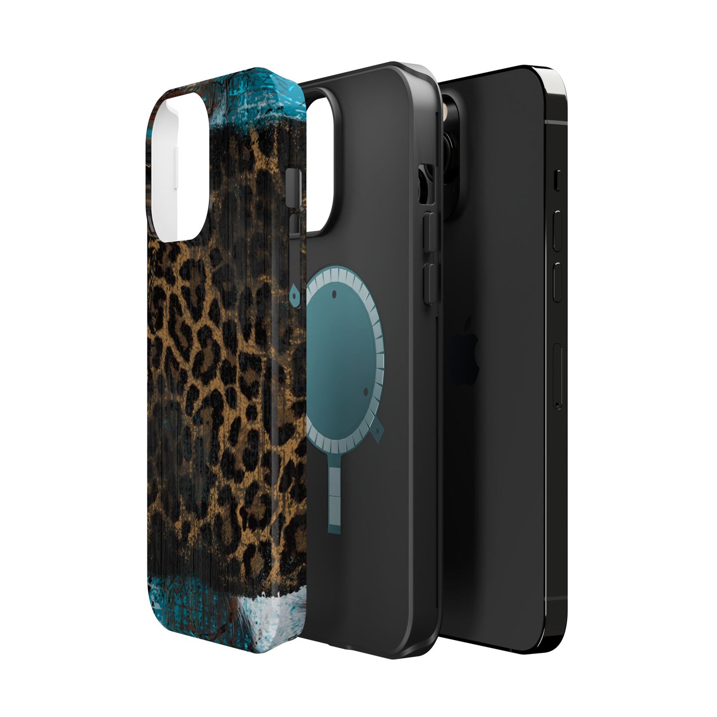 Boho Leopard and Turquoise Tough MagSafe iPhone Case – Rustic Western Design with Dual-Layer Protection