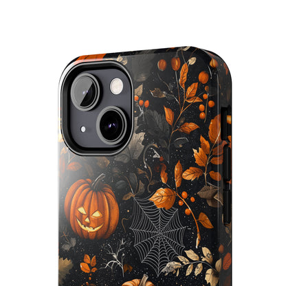 Elegant Halloween iPhone Case – Pumpkin Jack-o'-Lanterns, Cobwebs & Autumn Foliage Design