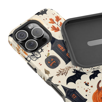 Haunted Halloween MagSafe iPhone Case – Haunted House, Bats, and Pumpkins Design