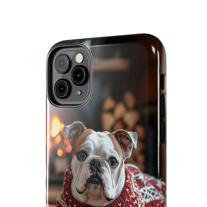 Cozy Bulldog in Sweater iPhone Case – Festive Fireplace Protective Cover