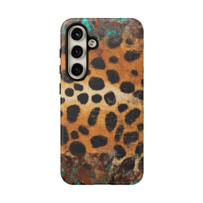 Rustic Leopard Print Tough Samsung Galaxy Case – Distressed Turquoise and Animal Pattern with Dual-Layer Protection