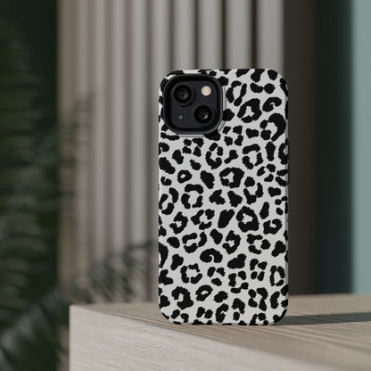 Monochrome Leopard Print Tough MagSafe iPhone Case – Classic Black and White Design with Dual-Layer Protection