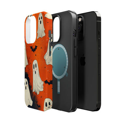 Spooky Ghosts & Bats  MagSafe iPhone Case – Vibrant Orange Halloween Design