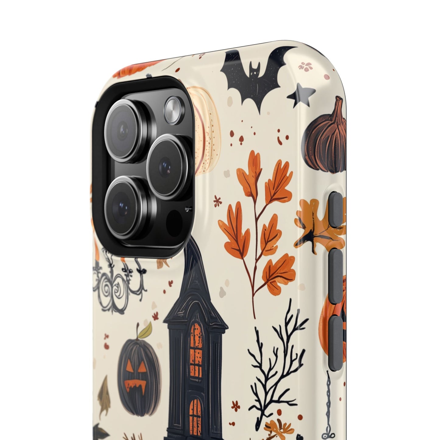 Haunted Halloween MagSafe iPhone Case – Haunted House, Bats, and Pumpkins Design