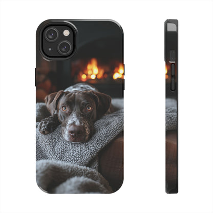 Cozy German Shorthaired Pointer iPhone Case – Rustic Fireplace Protective Cover