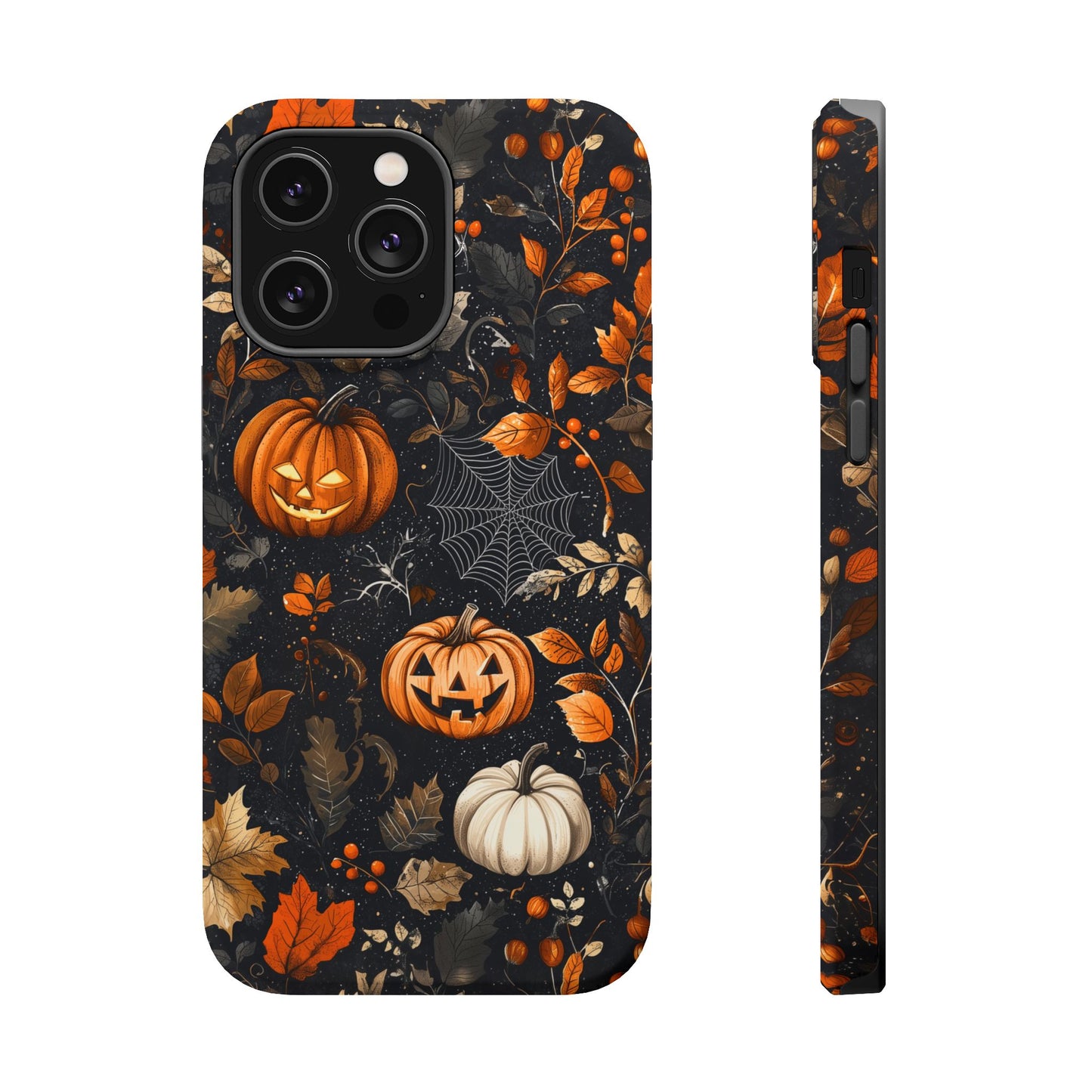 Elegant Halloween MagSafe iPhone Case – Pumpkin Jack-o'-Lanterns, Cobwebs & Autumn Foliage Design